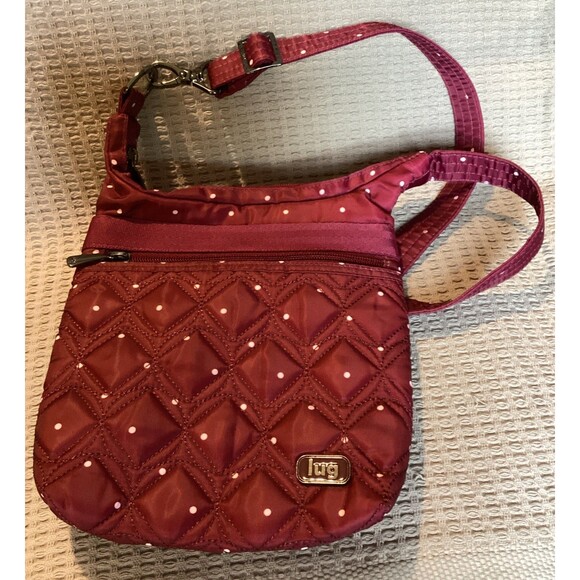 Lug Skipper SE Crossbody Purse/ Raspberry Red/White Polka Dot Adjustable RFID - Picture 1 of 16